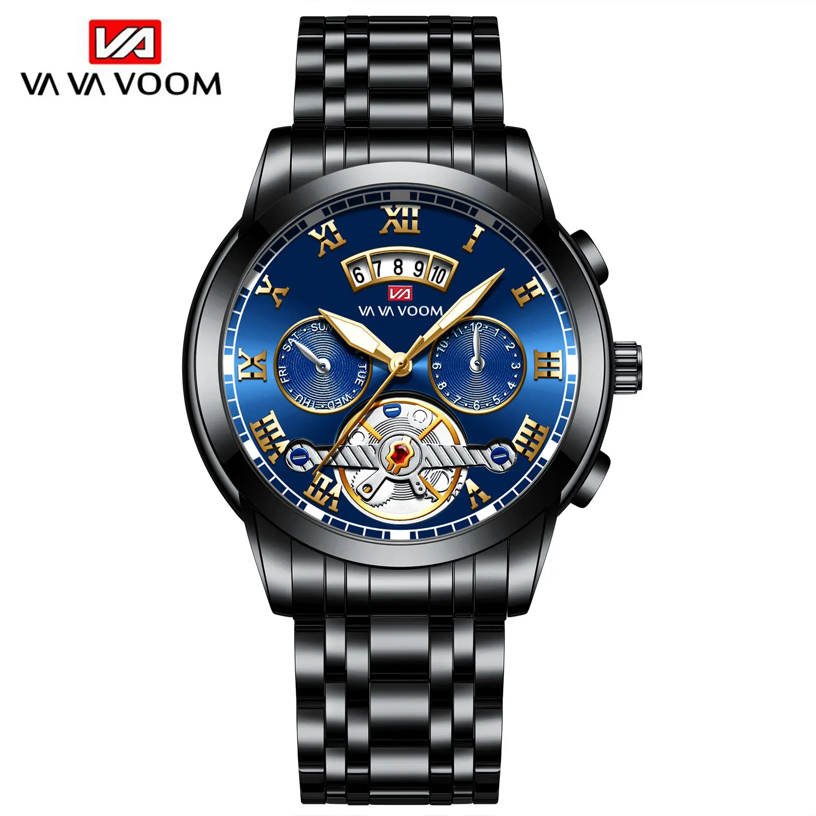 Men's Stainless Steel Tourbillon Quartz Watch Blue Gold