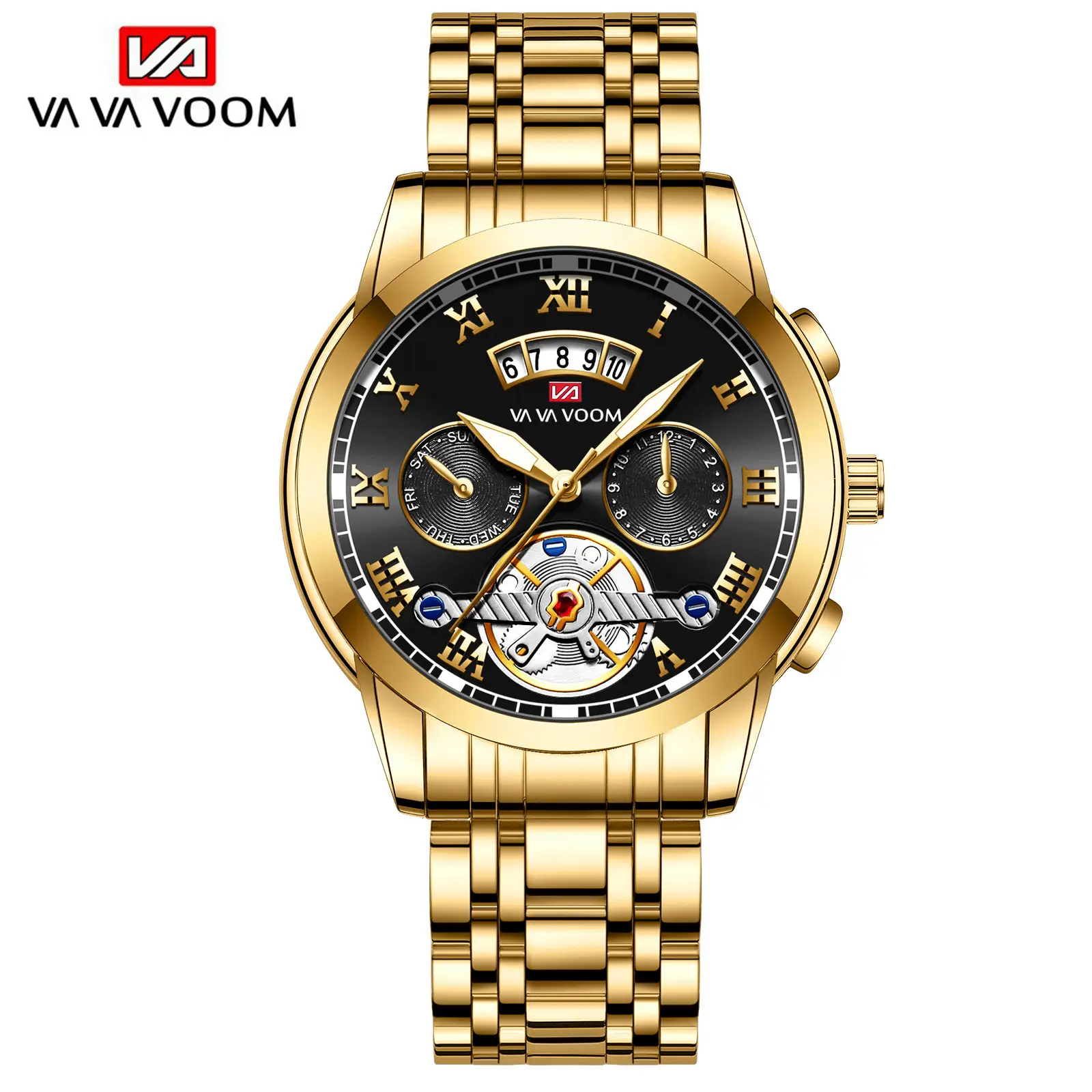 Men's Stainless Steel Tourbillon Quartz Watch Blue Gold