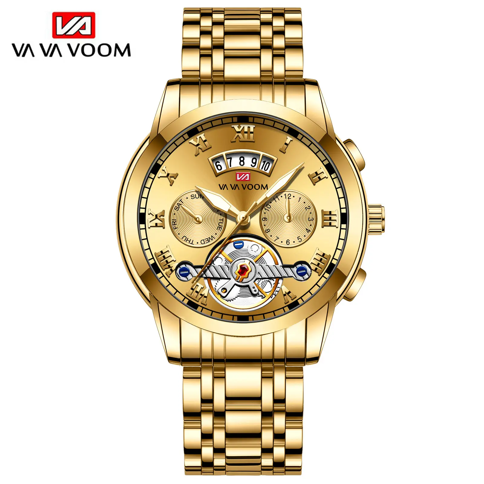 Men's Stainless Steel Tourbillon Quartz Watch Blue Gold