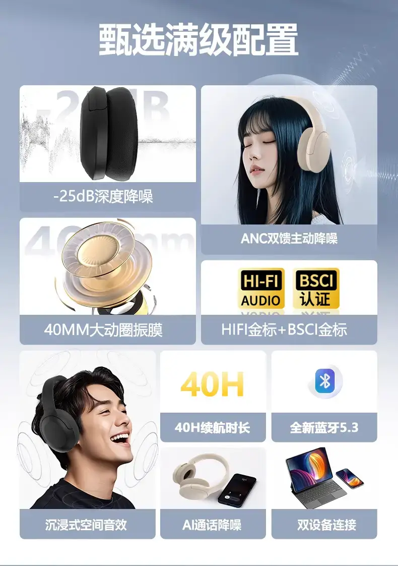 Wireless Noise-Canceling Bluetooth Headset Blue ANC — feature 5