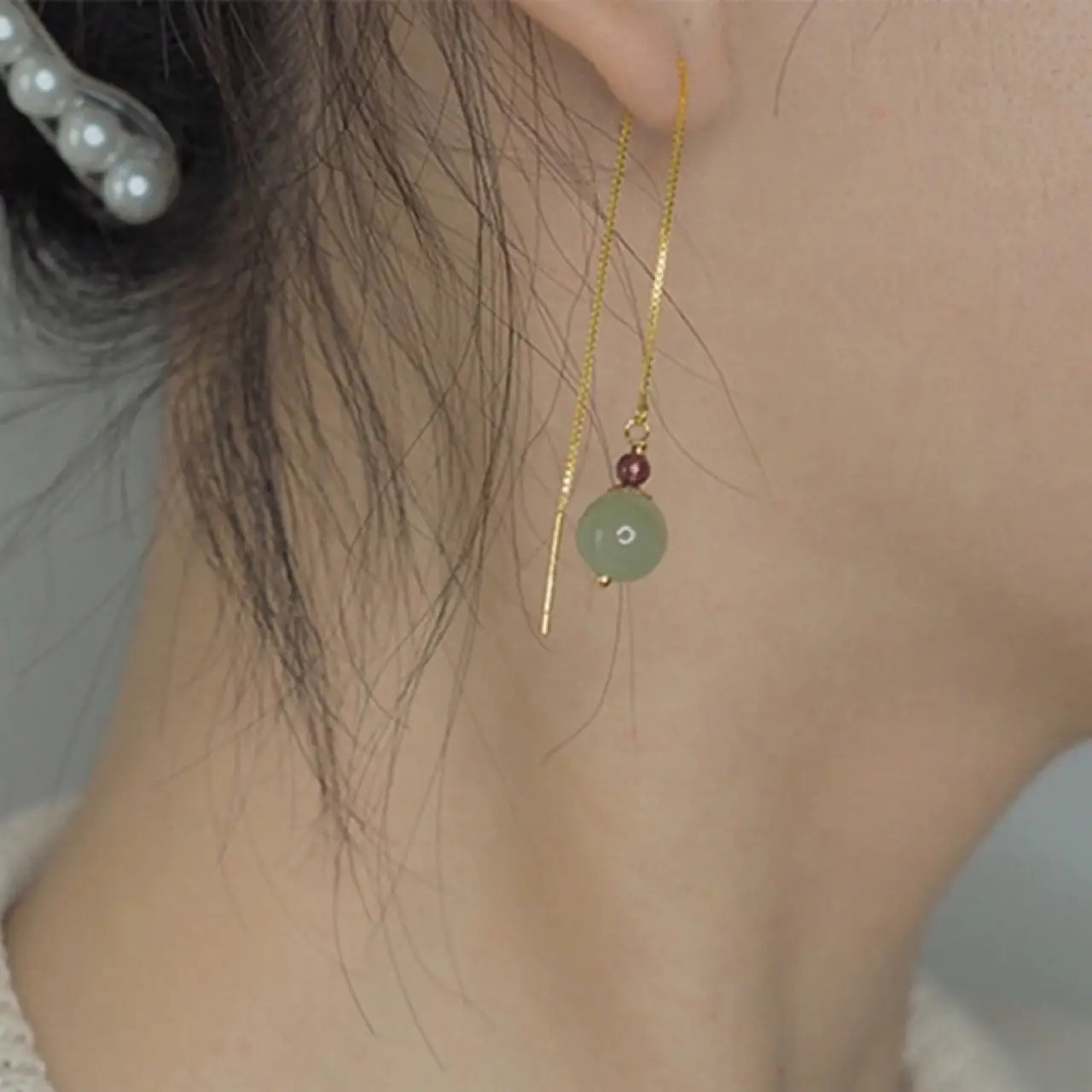 14K Gold-Filled Hetian Jade Face Earrings Set - Image 4