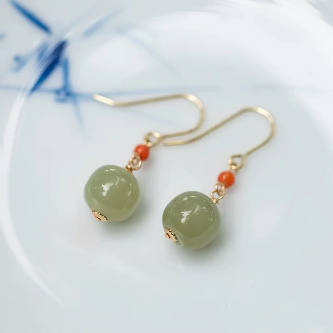 Vintage Jade Drum Earrings with Red Beads - Image 2