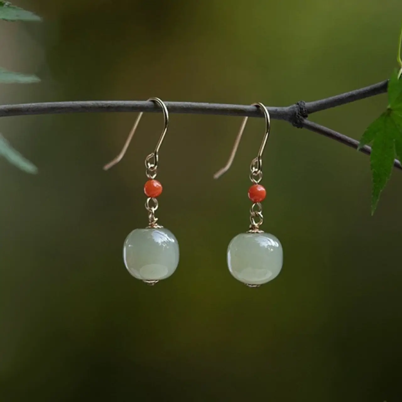 Vintage Jade Drum Earrings with Red Beads - Image 3