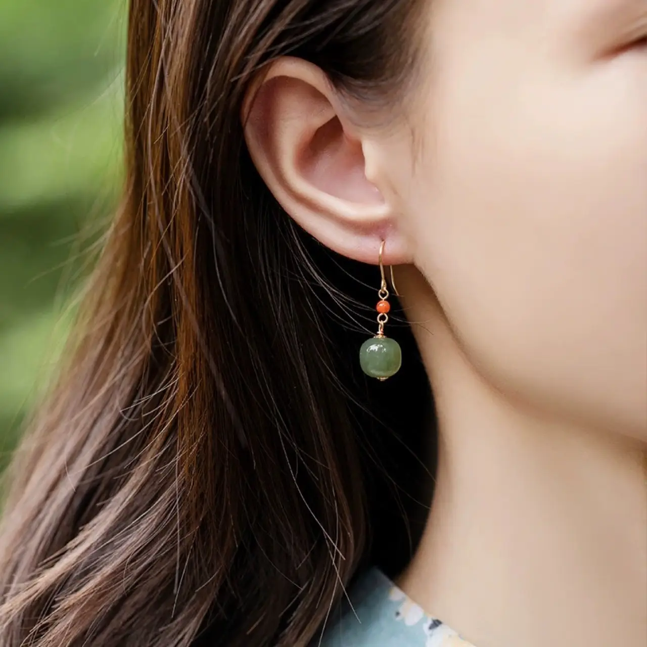 Vintage Jade Drum Earrings with Red Beads - Image 4