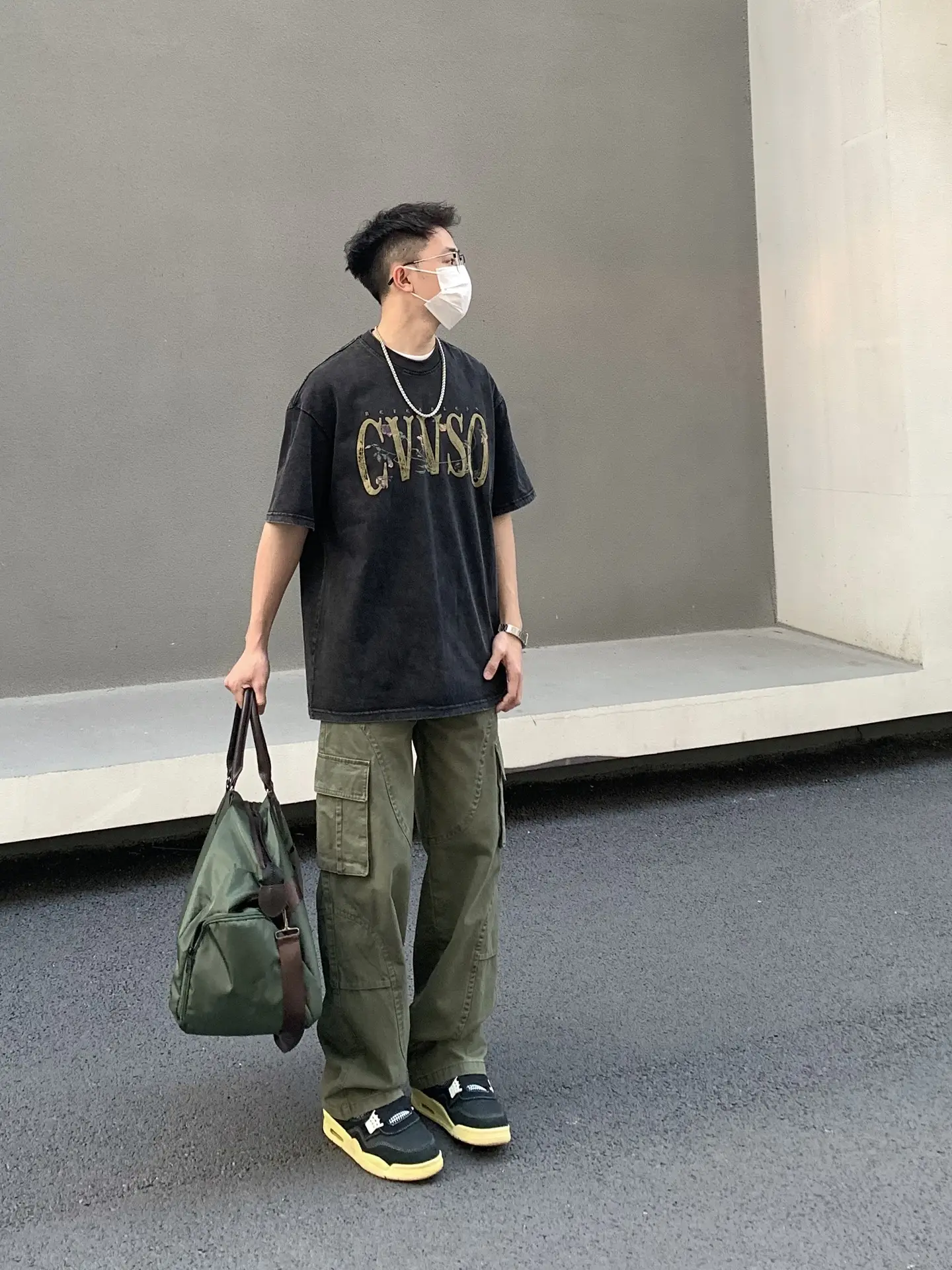 Men's Green Cargo Pants with Vintage Graphic T-Shirt