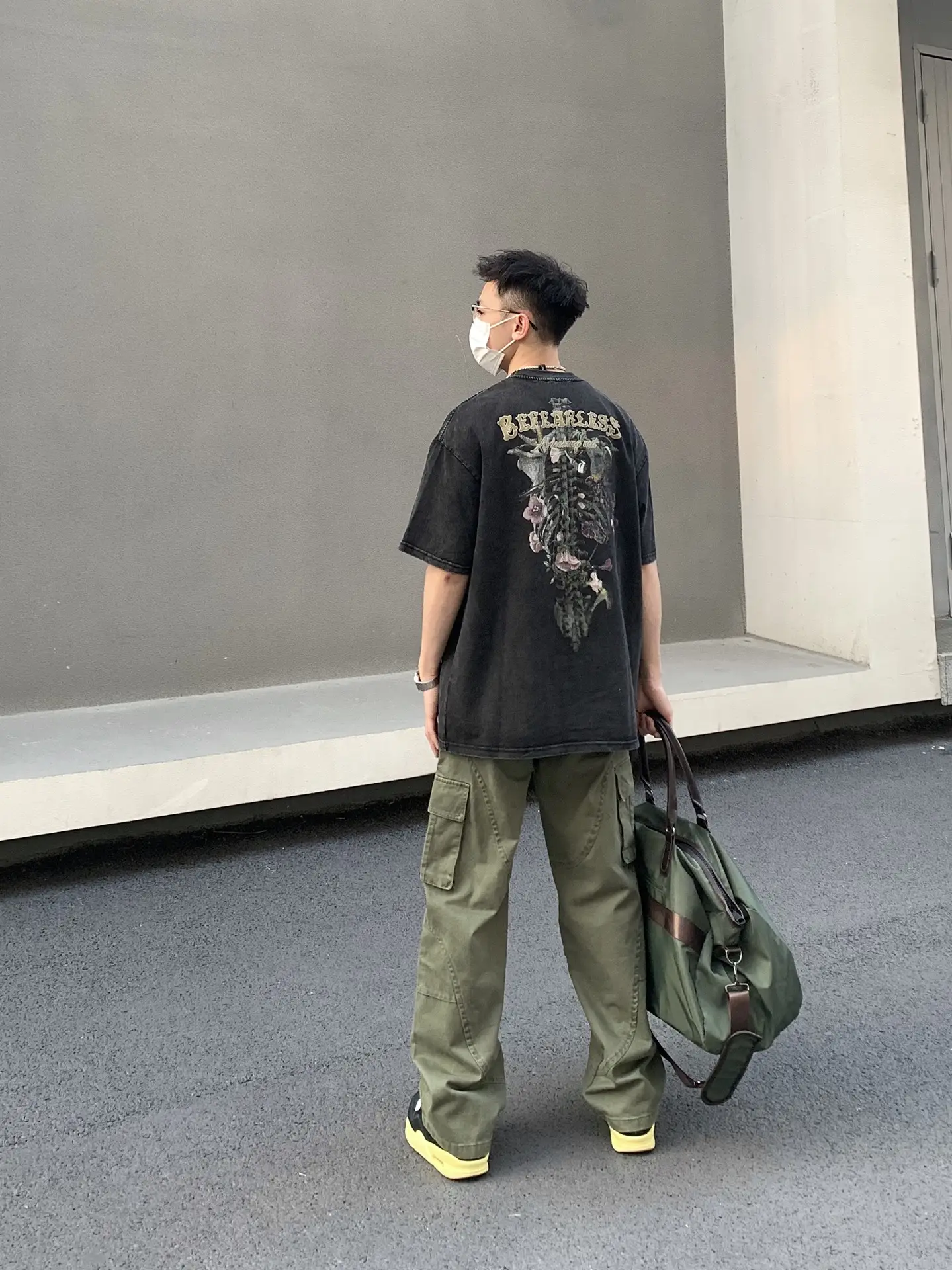 Men's Green Cargo Pants with Vintage Graphic T-Shirt