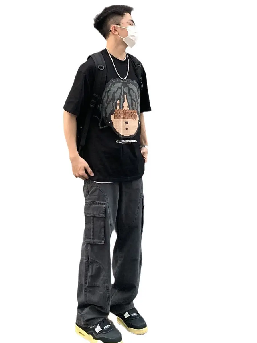 Men's Green Cargo Pants with Vintage Graphic T-Shirt