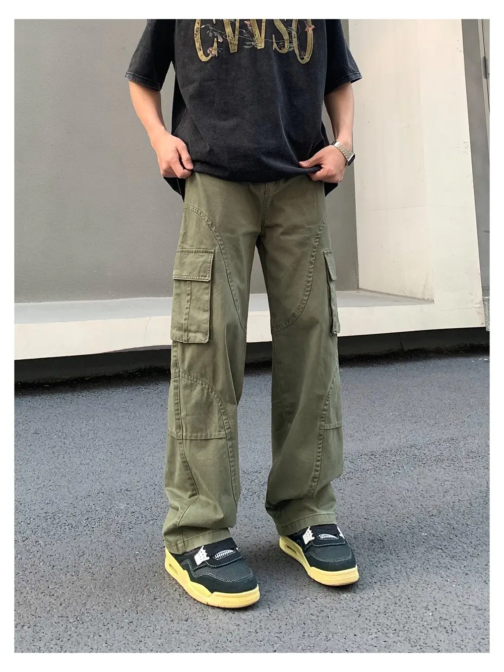 Men's Green Cargo Pants with Vintage Graphic T-Shirt — feature 10