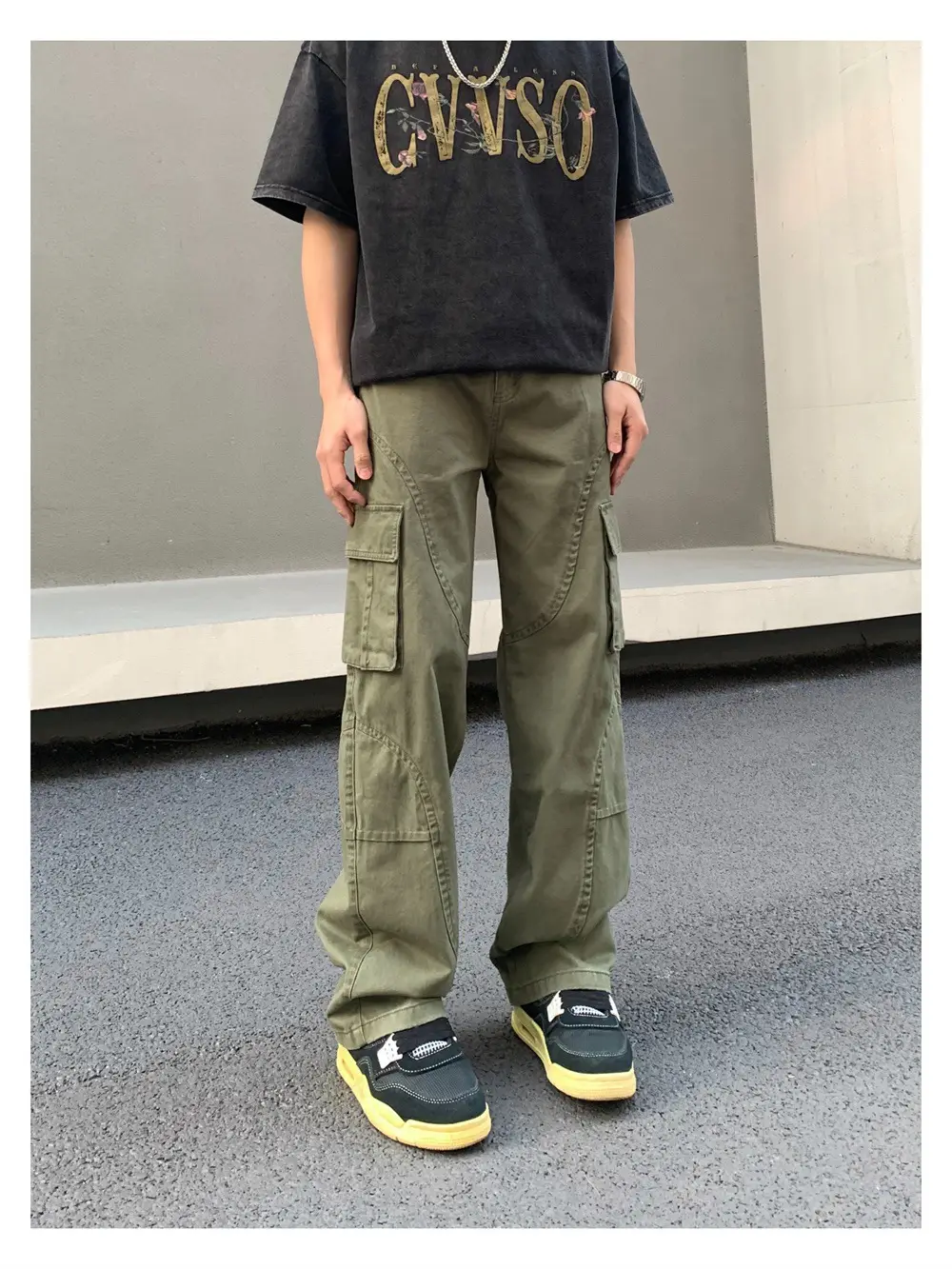 Men's Green Cargo Pants with Vintage Graphic T-Shirt — feature 15