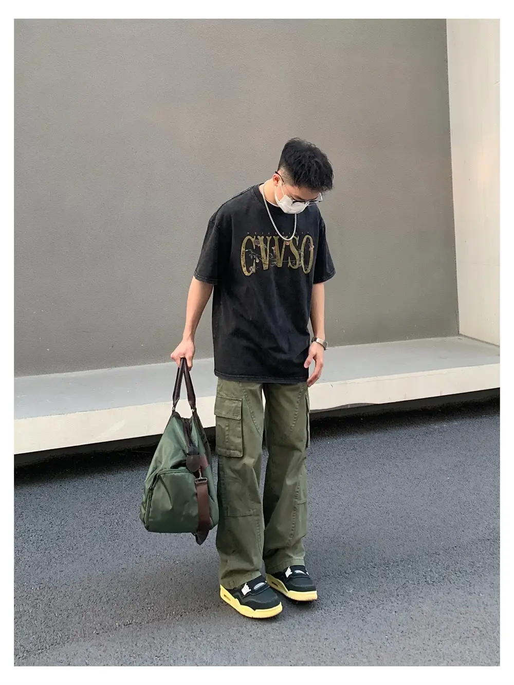 Men's Green Cargo Pants with Vintage Graphic T-Shirt — feature 17