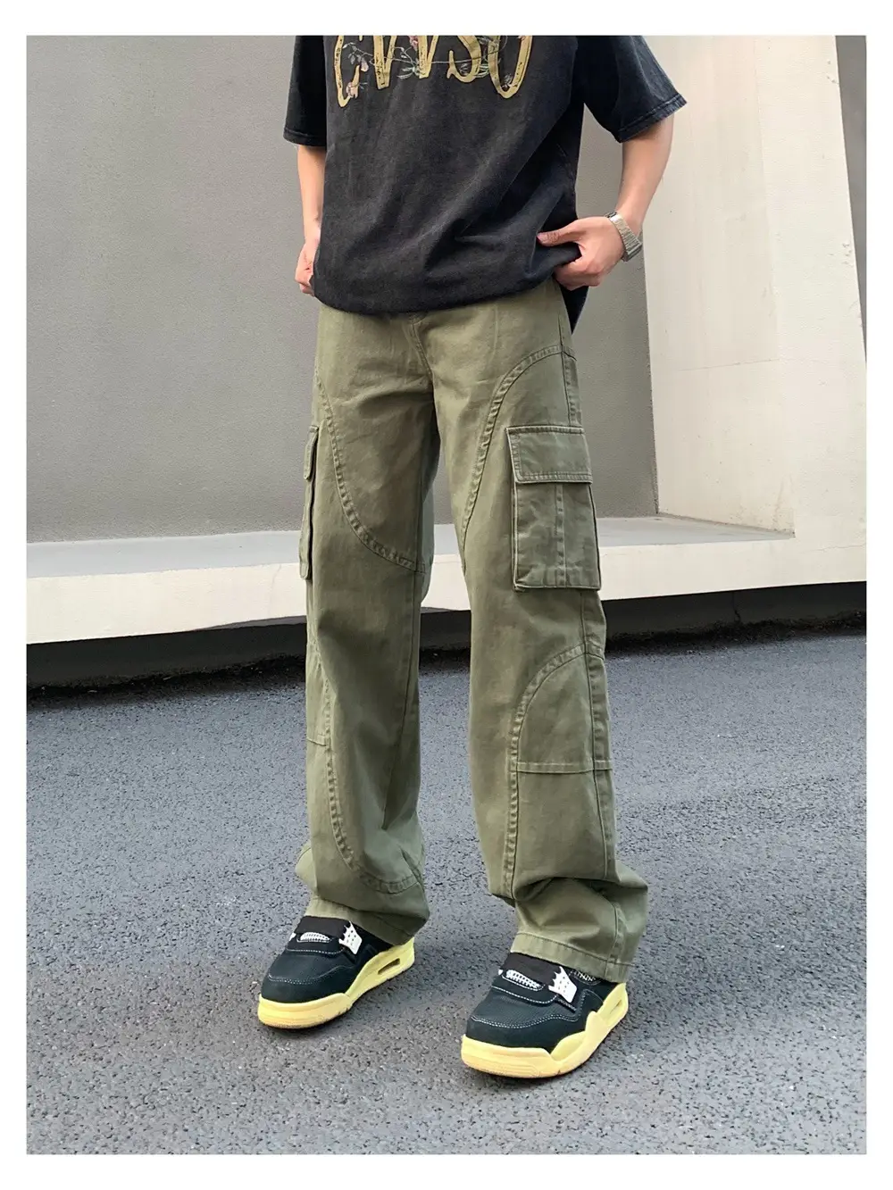 Men's Green Cargo Pants with Vintage Graphic T-Shirt — feature 6