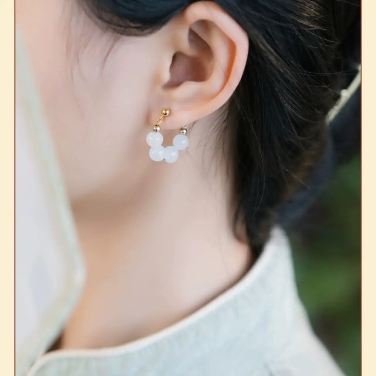 New Chinese & Natural Tian Jade White Jade Round Bead Earrings - Image 5