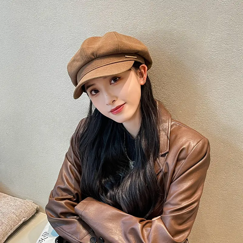 Women's Brown Leather Beret with Duck Tongue & Metal Label - Image 4