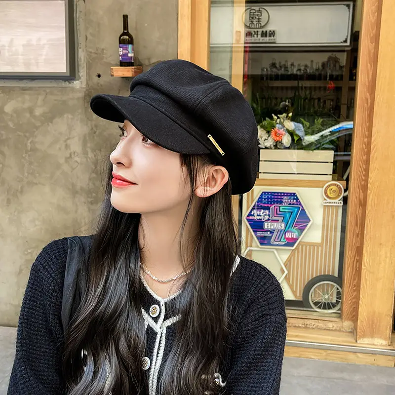 Women's Brown Leather Beret with Duck Tongue & Metal Label - Image 5