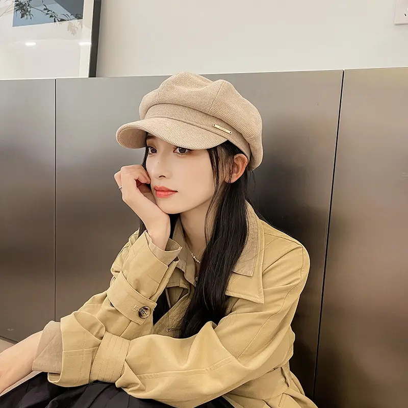 Women's Brown Leather Beret with Duck Tongue & Metal Label - Image 6