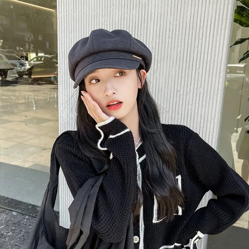 Women's Brown Leather Beret with Duck Tongue & Metal Label - Image 7