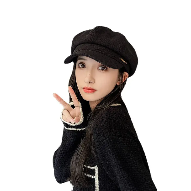Women's Brown Leather Beret with Duck Tongue & Metal Label - Image 8