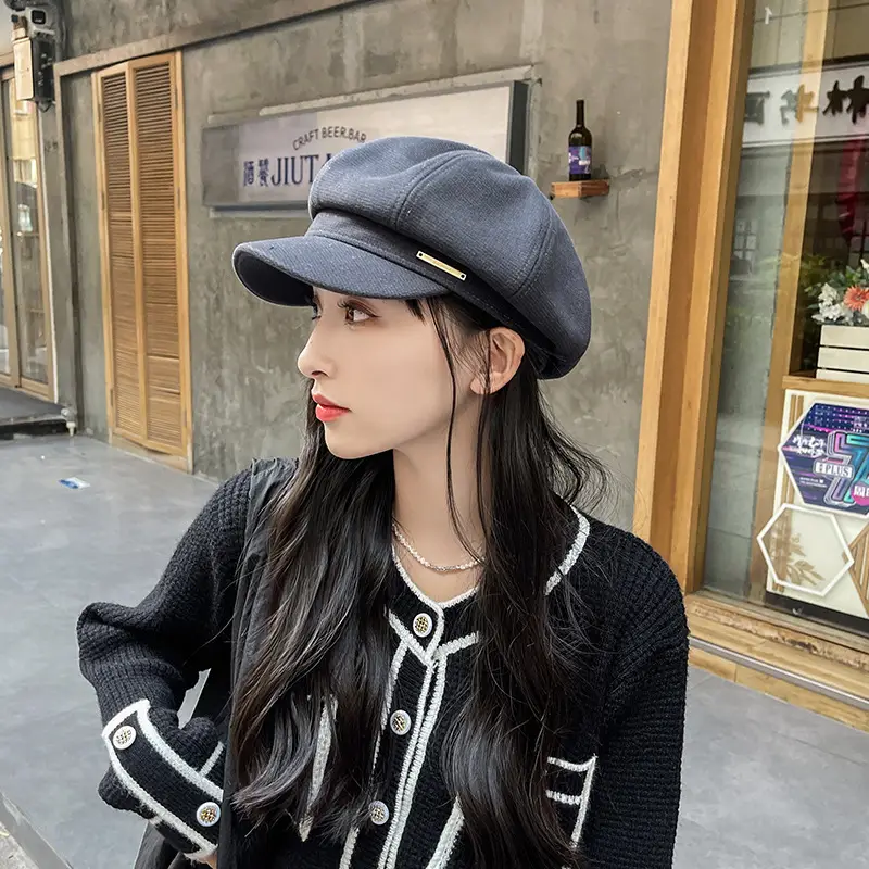 Women's Brown Leather Beret with Duck Tongue & Metal Label - Image 3