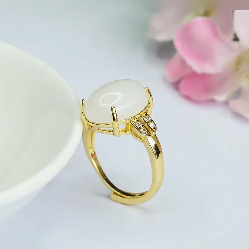 White Jade Finger Ring with Crystal Accents - Image 5