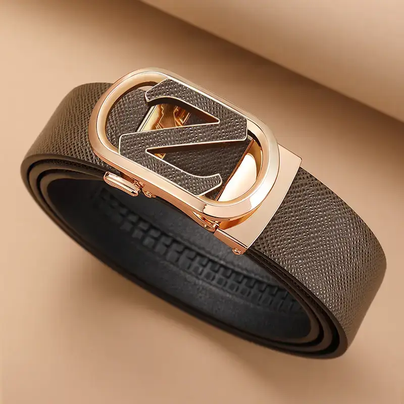 Men's Black Leather Belt with Gold Buckle - Image 4