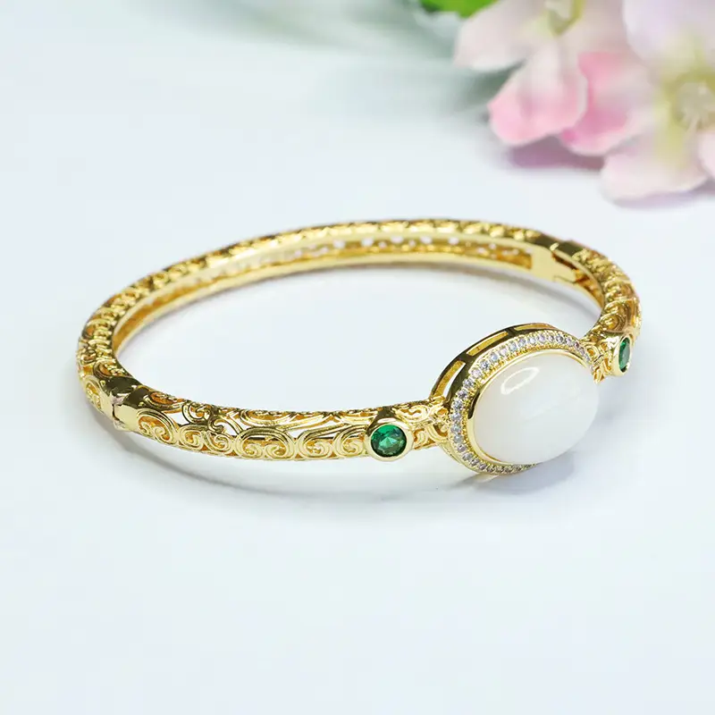 White Jade Cabochon Bangle Bracelet with Green Stones - Image 3