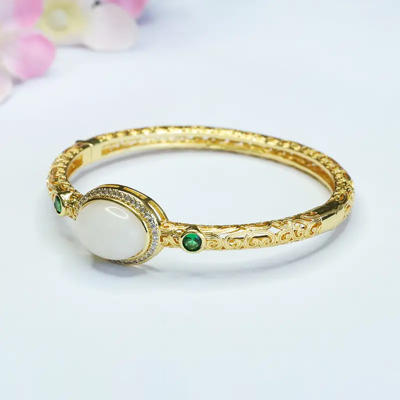 White Jade Cabochon Bangle Bracelet with Green Stones - Image 4