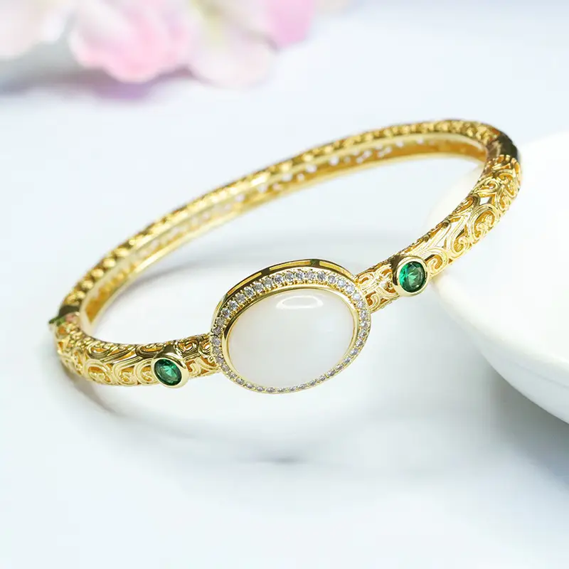 White Jade Cabochon Bangle Bracelet with Green Stones - Image 5
