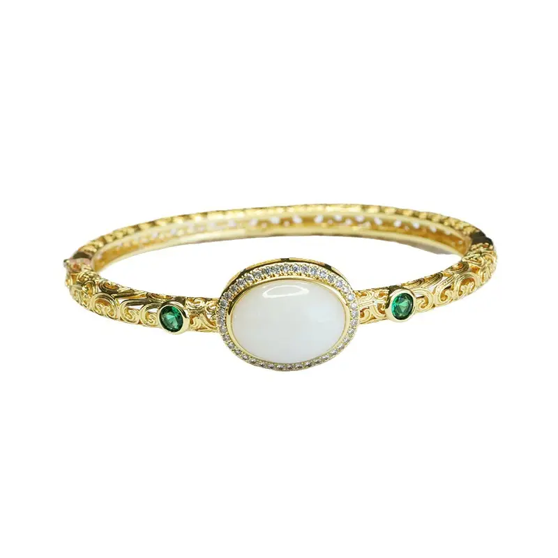 White Jade Cabochon Bangle Bracelet with Green Stones - Image 6