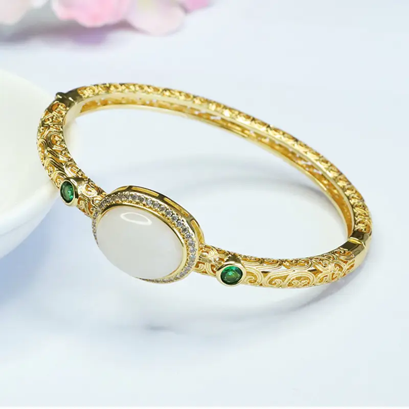 White Jade Cabochon Bangle Bracelet with Green Stones — feature 11