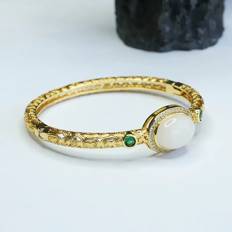 White Jade Cabochon Bangle Bracelet with Green Stones — feature 8