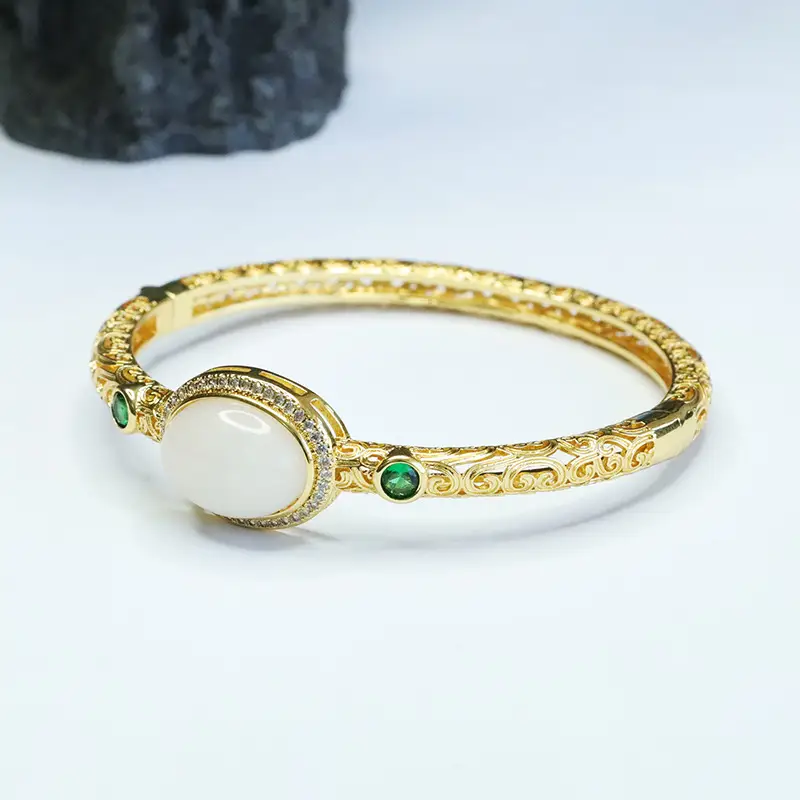 White Jade Cabochon Bangle Bracelet with Green Stones — feature 9