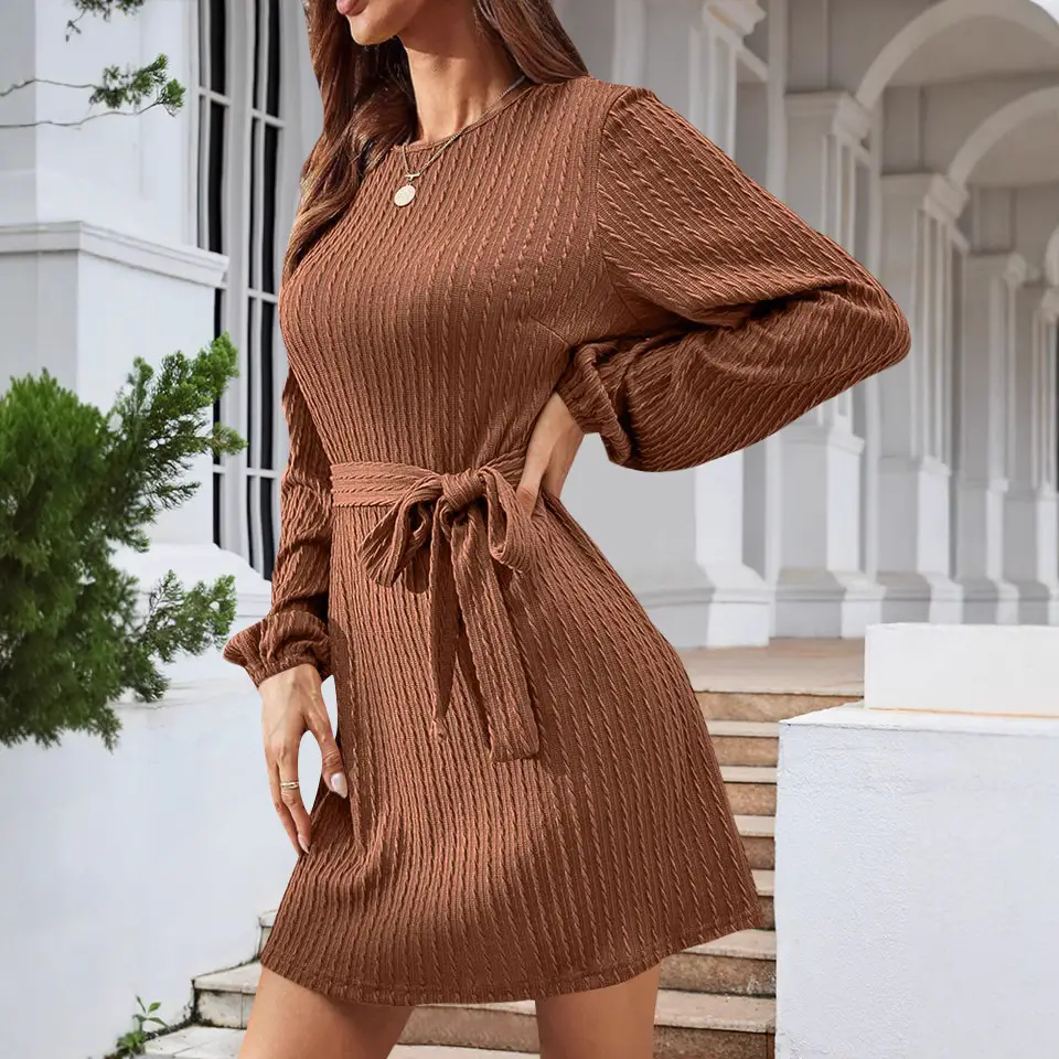 Black Knitted Belted Twist Dress for Women