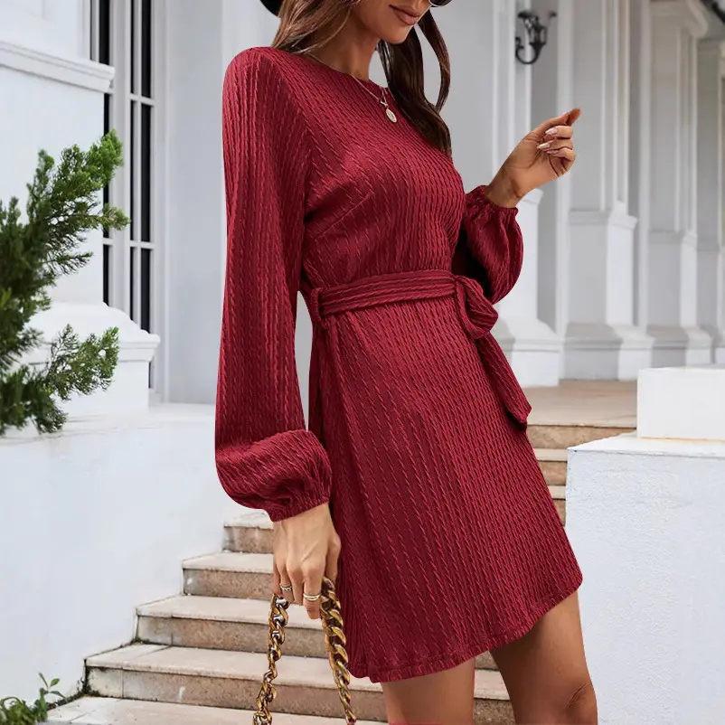 Black Knitted Belted Twist Dress for Women