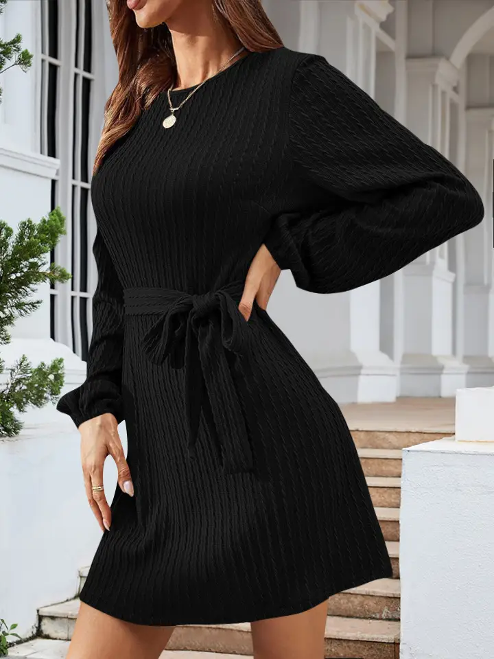 Black Knitted Belted Twist Dress for Women — feature 13