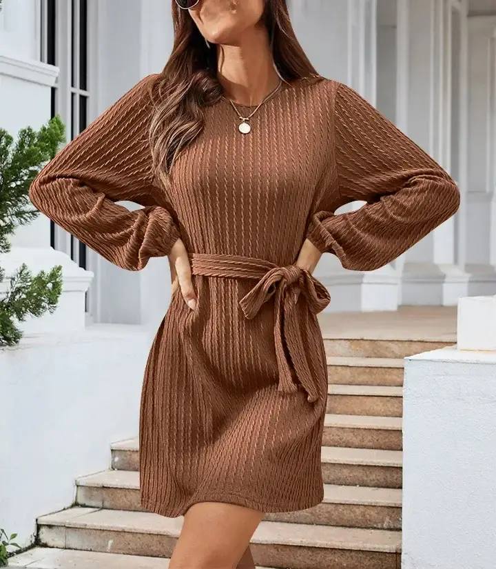 Black Knitted Belted Twist Dress for Women