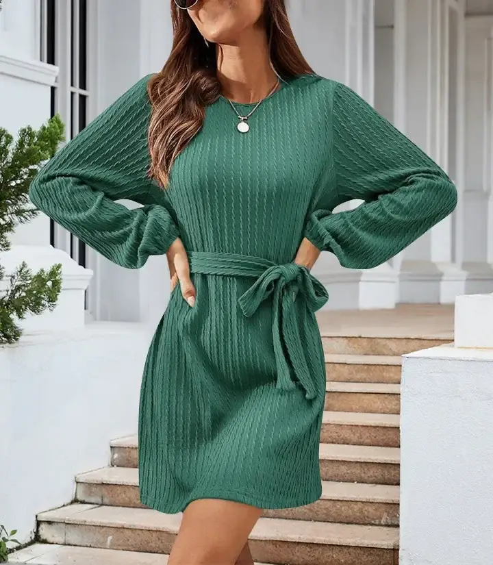 Black Knitted Belted Twist Dress for Women