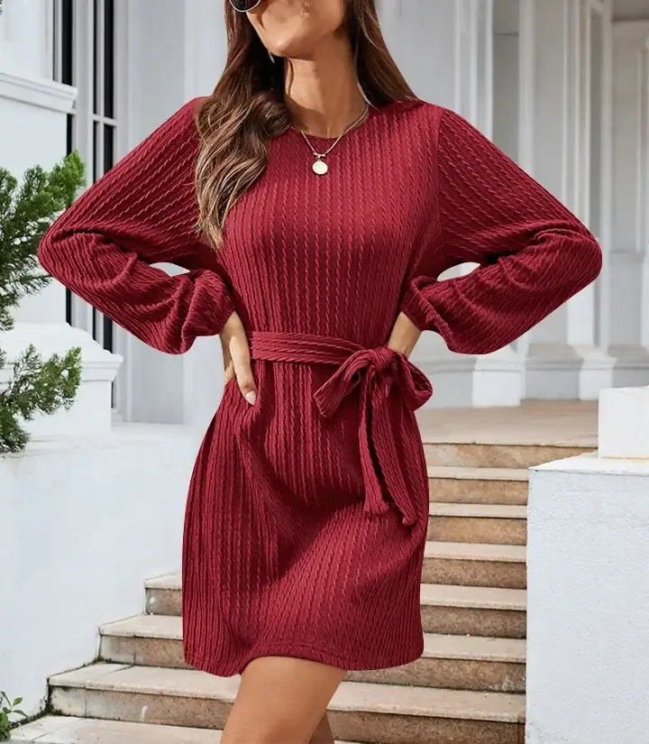 Black Knitted Belted Twist Dress for Women