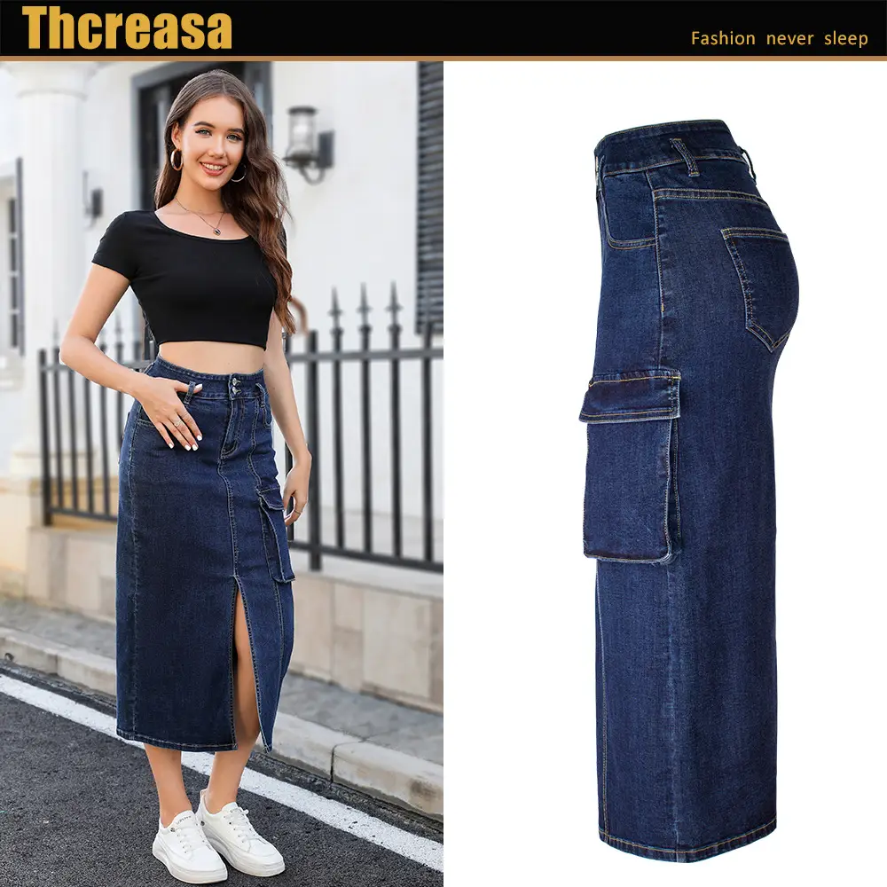 High Waist Slim Fit Denim Skirt Dark Blue