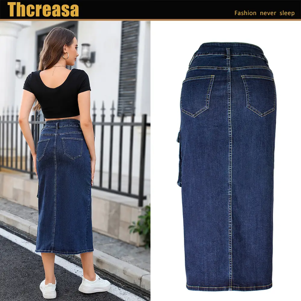 High Waist Slim Fit Denim Skirt Dark Blue
