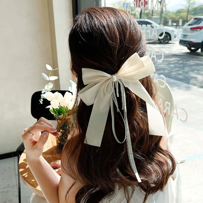 Pearl Bow Hairpin Women's Back of Head Ribbon Clip - Image 3