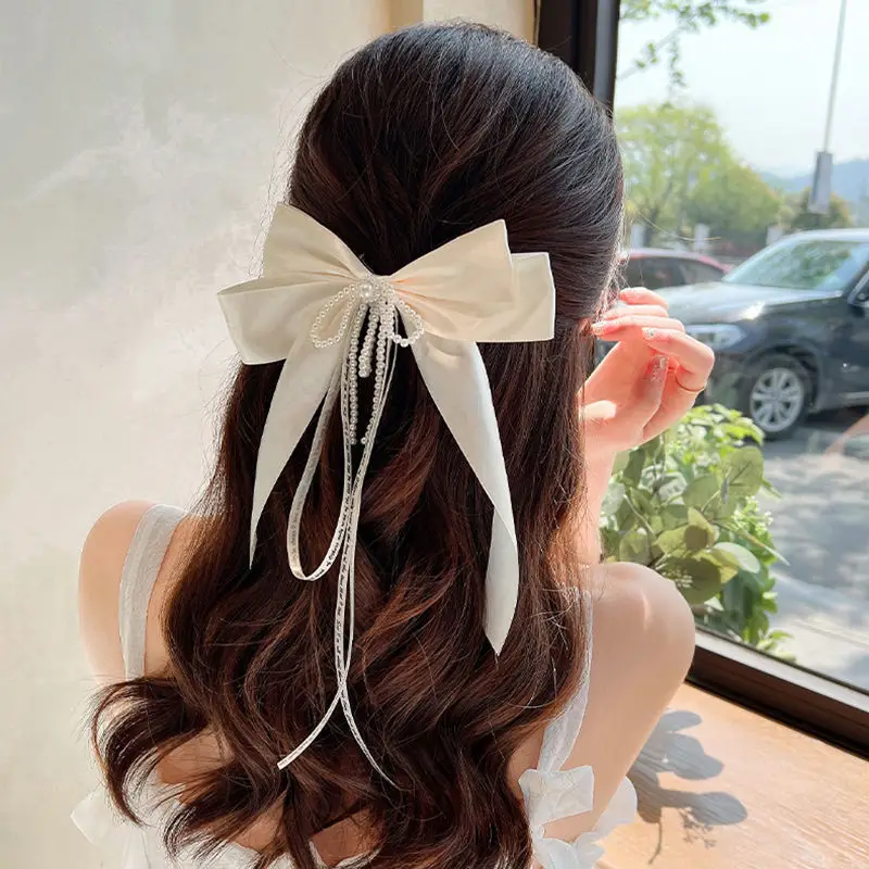 Pearl Bow Hairpin Women's Back of Head Ribbon Clip - Image 4