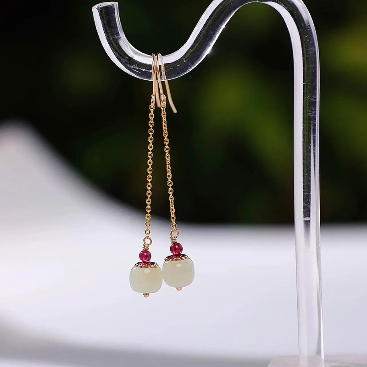 Copper Plated Hetian Jade Earrings with Red Garnet Drop - Image 4