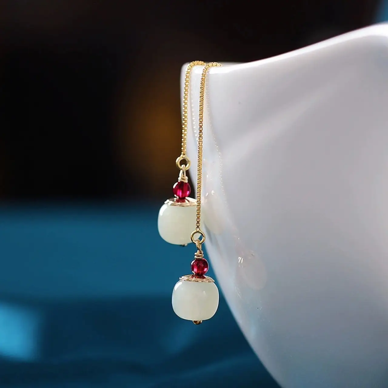 Copper Plated Hetian Jade Earrings with Red Garnet Drop - Image 5