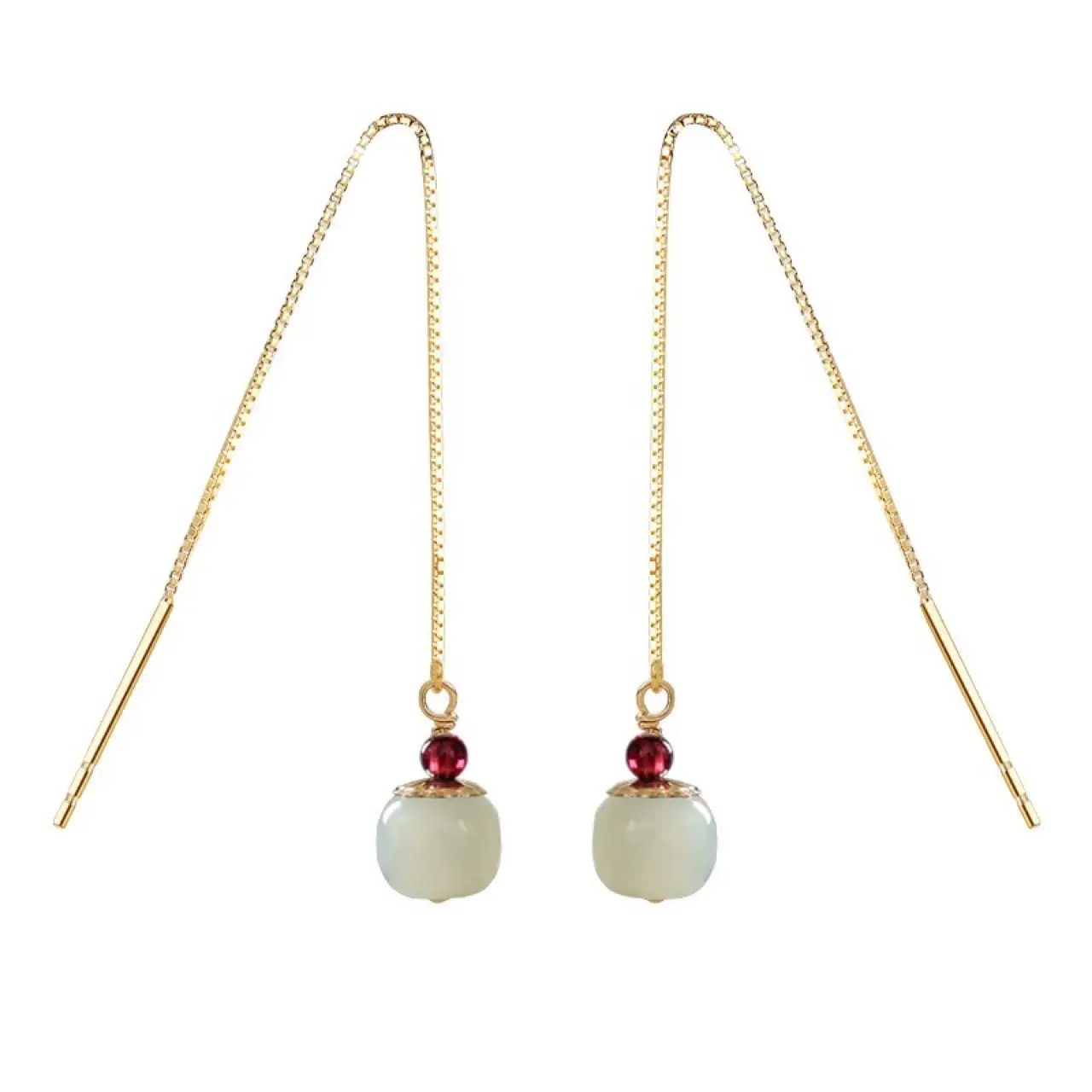 Copper Plated Hetian Jade Earrings with Red Garnet Drop - Image 6