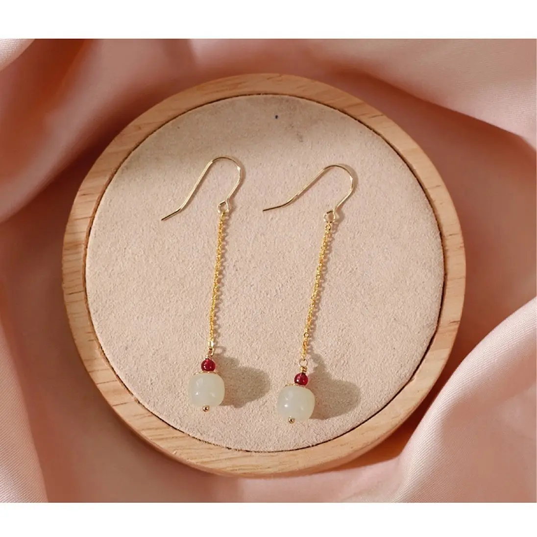 Copper Plated Hetian Jade Earrings with Red Garnet Drop - Image 7
