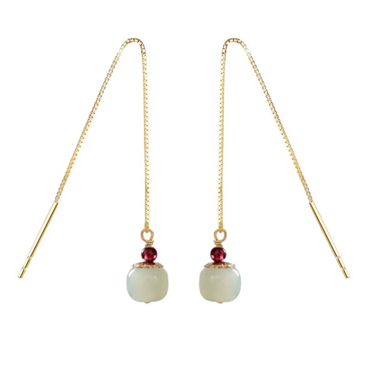 Copper Plated Hetian Jade Earrings with Red Garnet Drop - Image 2
