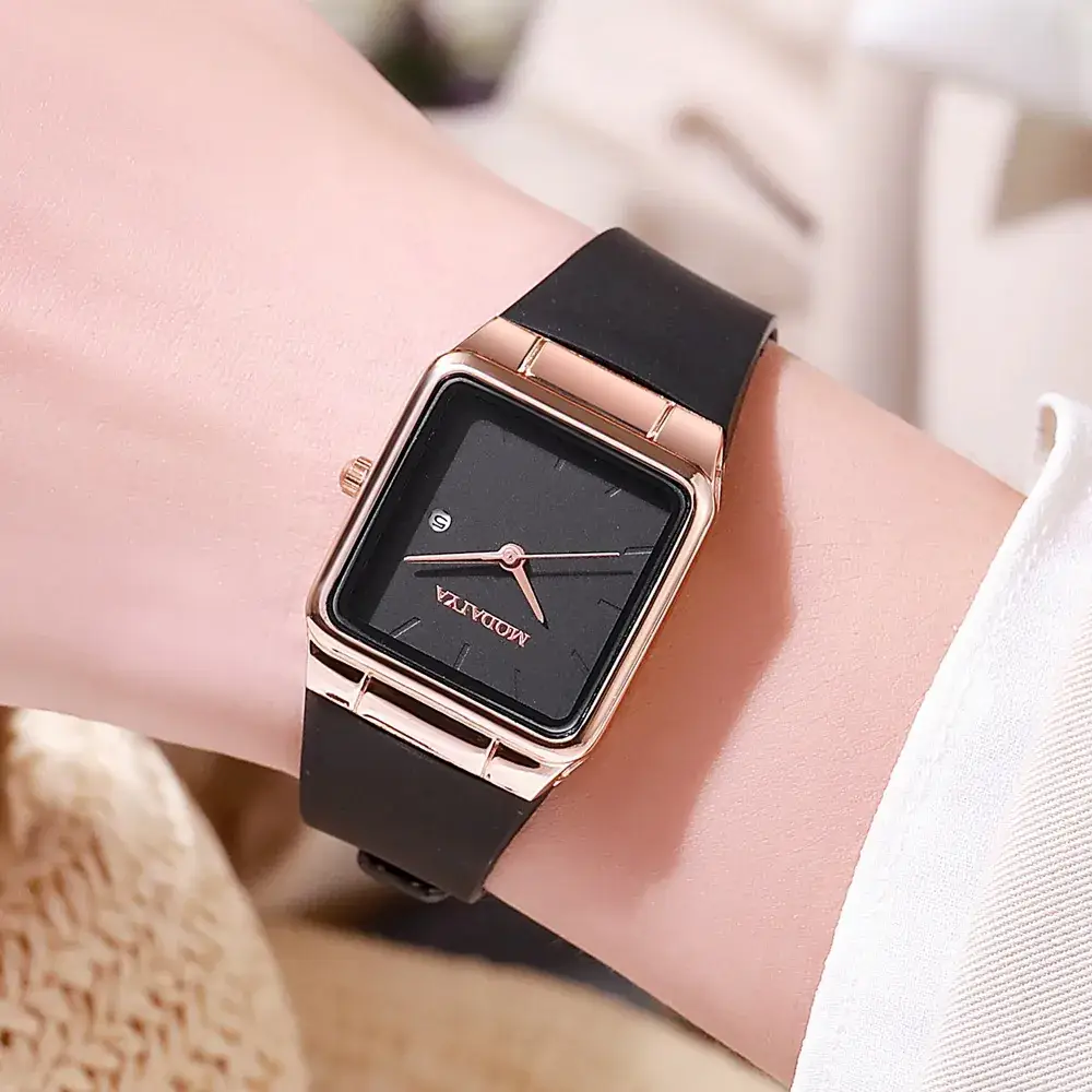 Women's Square Watch with Rose Gold Case & Black Strap - Image 6