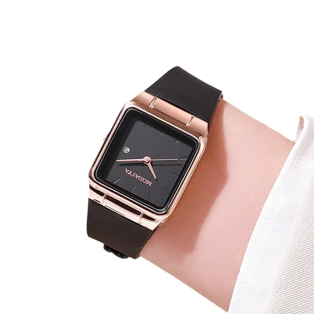 Women's Square Watch with Rose Gold Case & Black Strap - Image 8