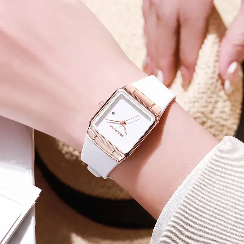 Women's Square Watch with Rose Gold Case & Black Strap - Image 4