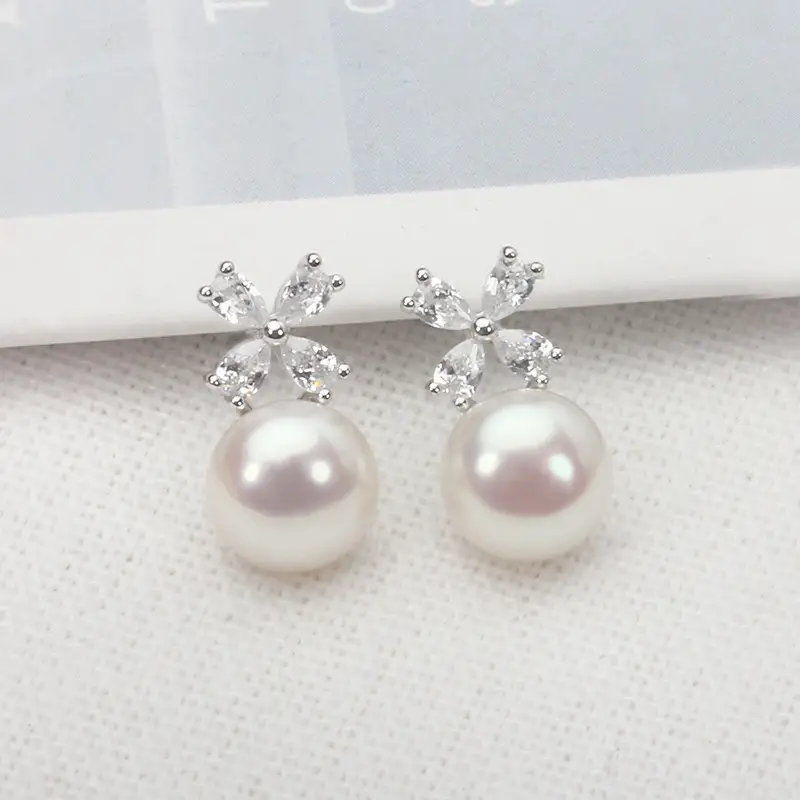 S925 Silver Pearl Earrings Four Leaf Clover 7.5mm
